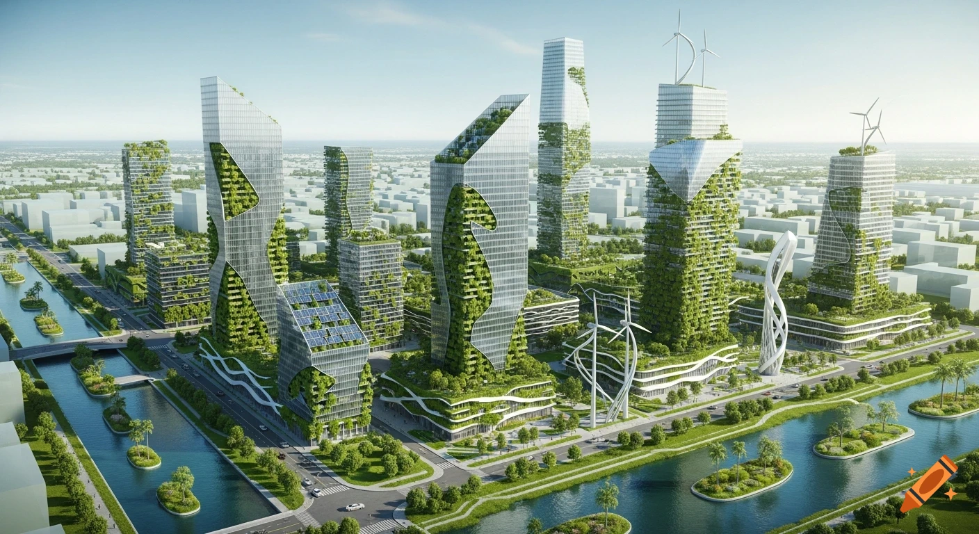 Aerial view of a futuristic city with green skyscrapers, vertical gardens, solar panels, wind turbines, and rivers with floating islands.