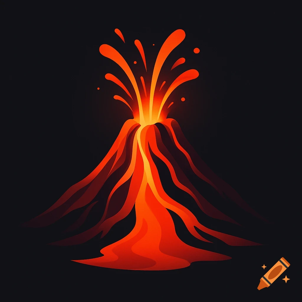 A stylized orange and red volcano erupts, spewing bright lava and flowing downwards on a dark background.