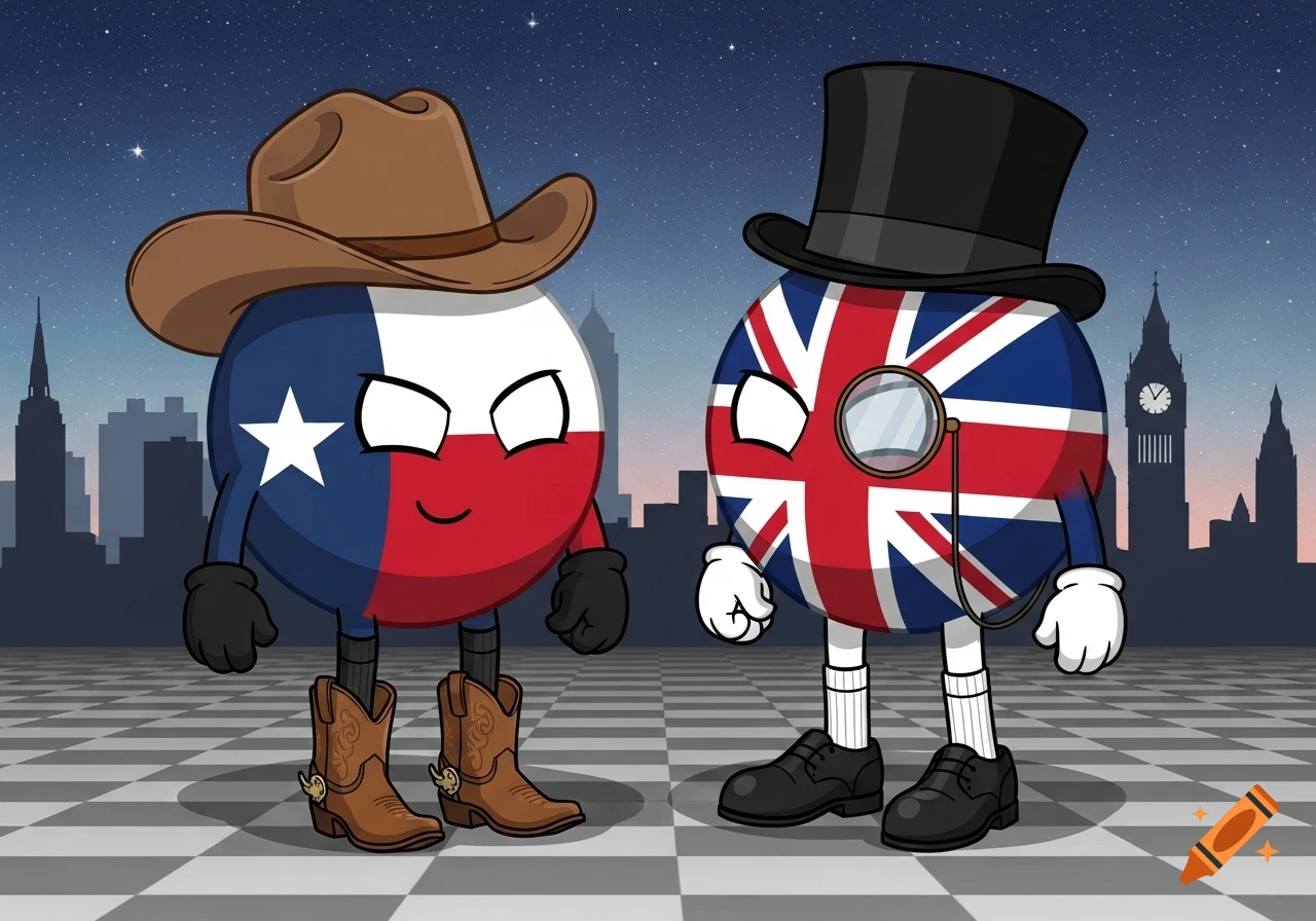 A cartoon of a Texas countryball in a cowboy hat and boots next to a UK countryball in a top hat and monocle, against a city skyline.