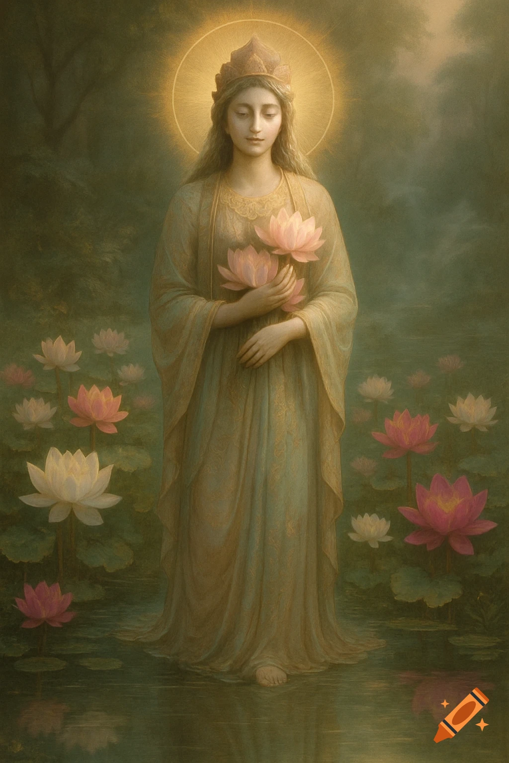 Serene goddess figure with a halo and crown, holding pink lotuses in a sacred pond, surrounded by more lotus flowers, in a classical painting style.