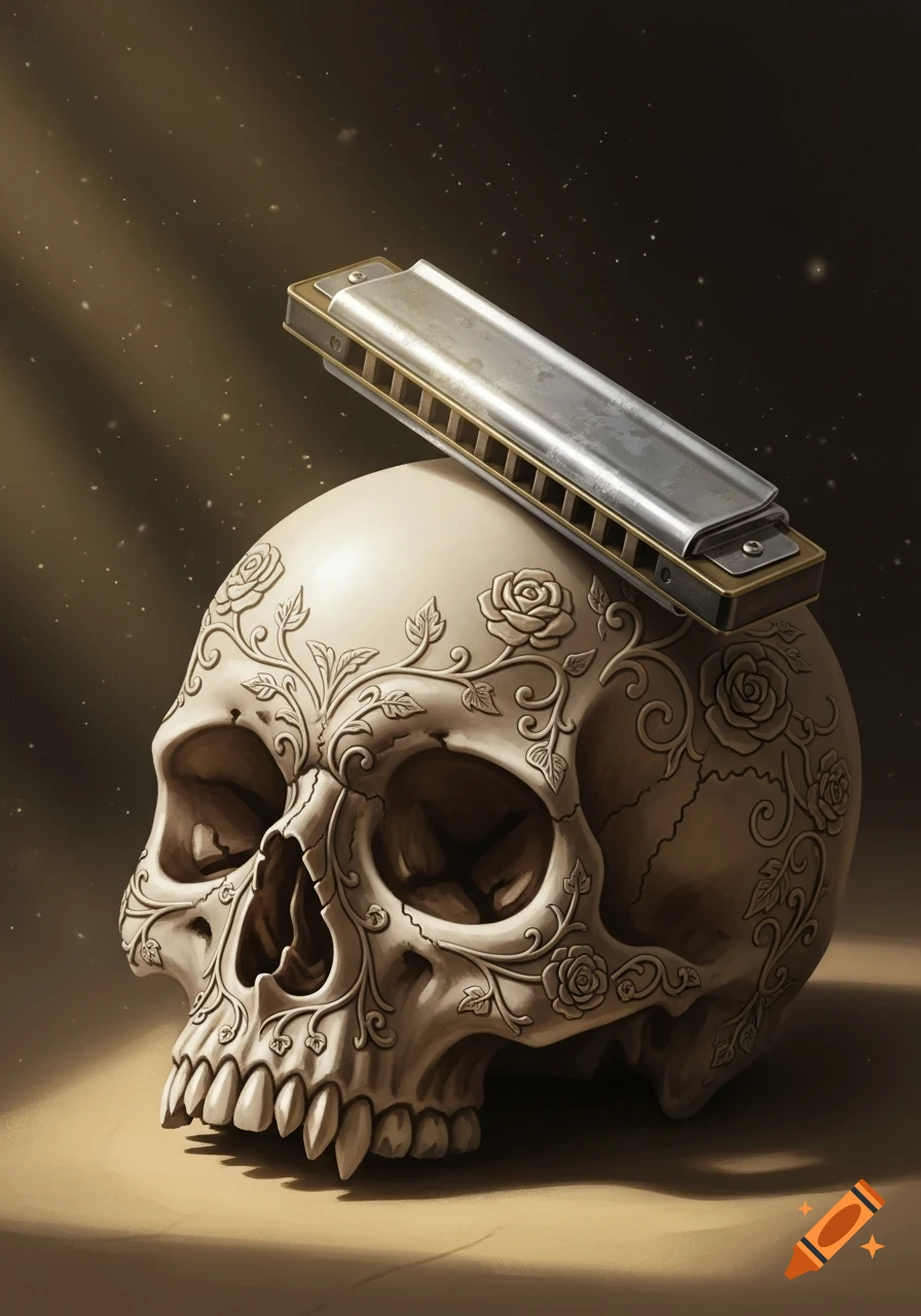 A decorative skull with floral carvings and a harmonica resting on top, lit by a beam of light.