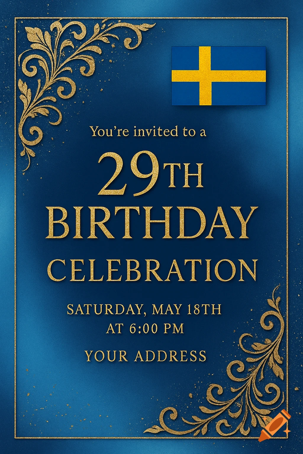 A formal 29th birthday invitation in blue and gold, featuring a Swedish flag and elegant floral patterns.