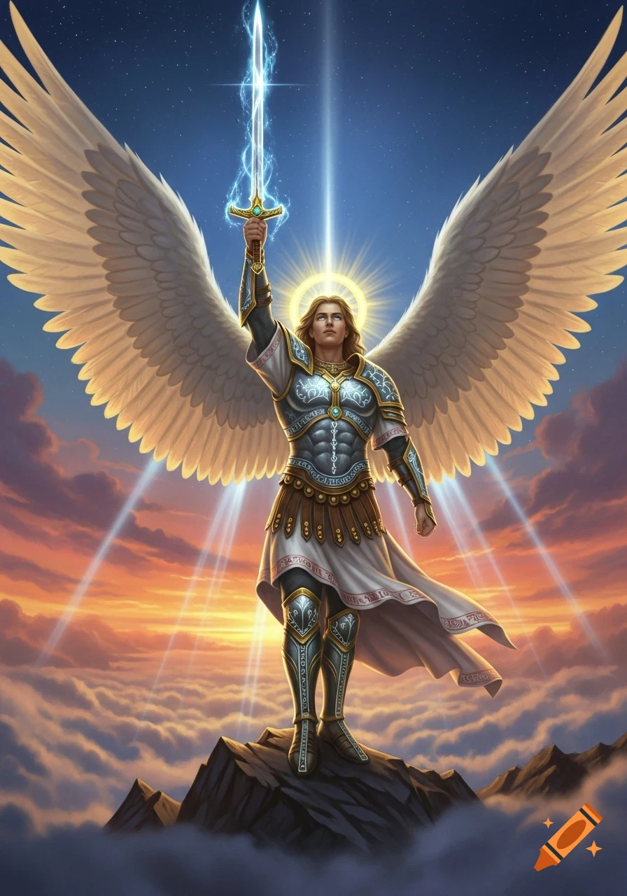 Archangel Michael, a winged figure in glowing armor, stands on a mountain peak holding a radiant sword under a starlit and sunset sky.