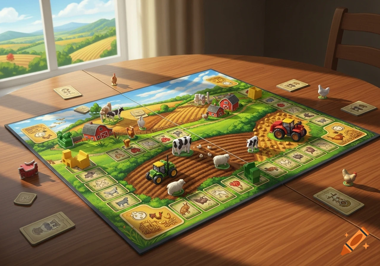 An illustrative farm-themed board game with miniature animals, tractors, and buildings on a wooden table.