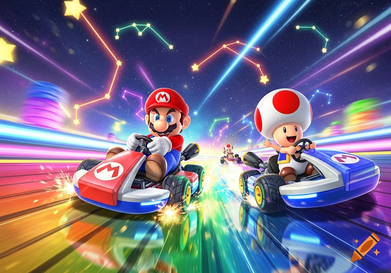 Mario and Toad race their karts on a colorful, star-filled track in a vibrant cartoon style.