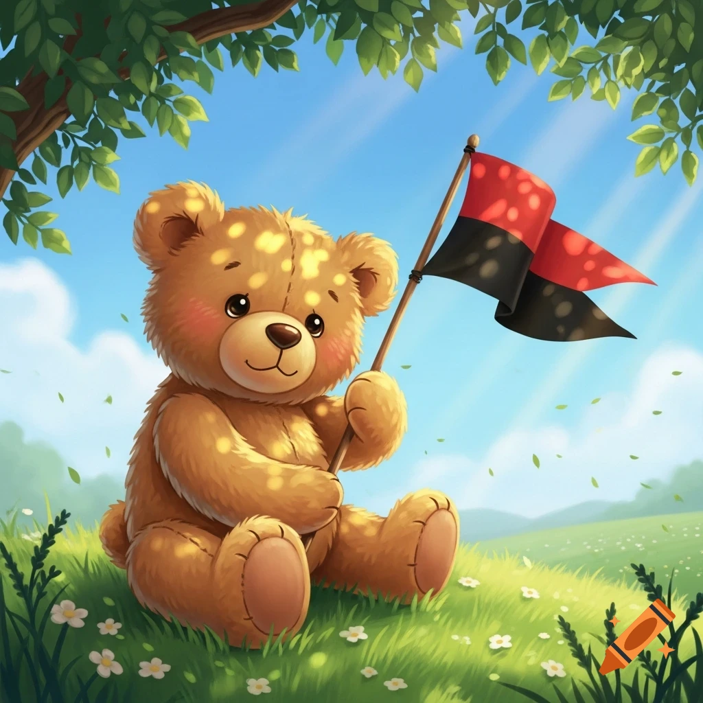A cute, fluffy brown teddy bear sits on a sunny green hill under a tree, holding a red and black flag. Illustrated.