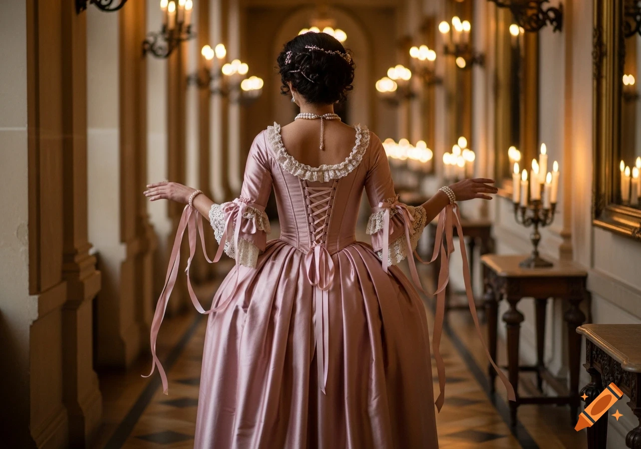 A woman in a pink historical gown with a laced back stands in a candlelit, ornate corridor, seen from behind. Photorealistic.