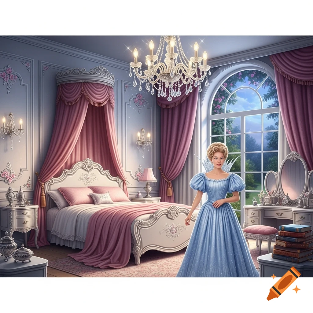 A woman in a blue ballgown stands in a lavish pink and white bedroom with a canopy bed and large window.
