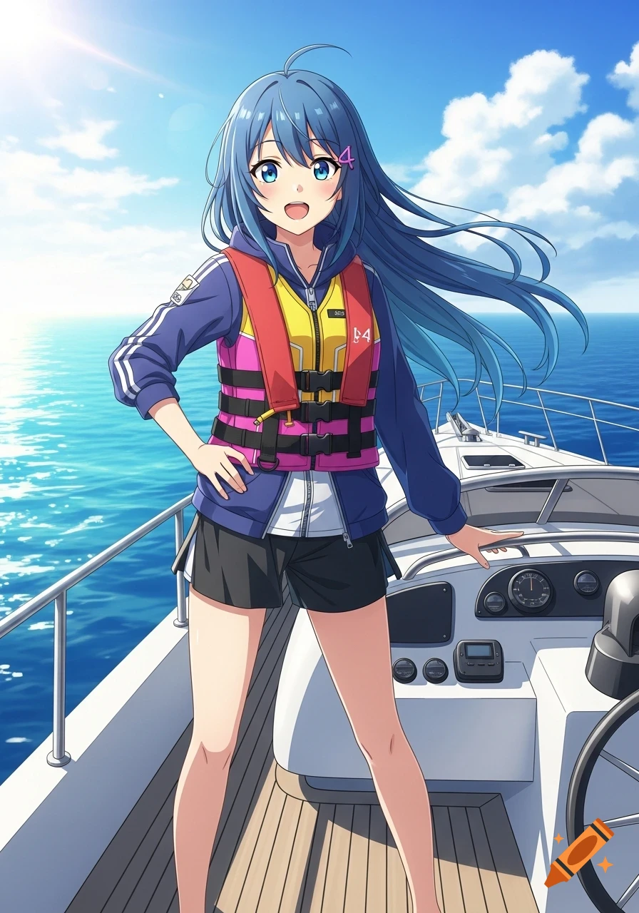 An anime girl with blue hair and a colorful life jacket smiles on a boat at sea under a sunny sky.