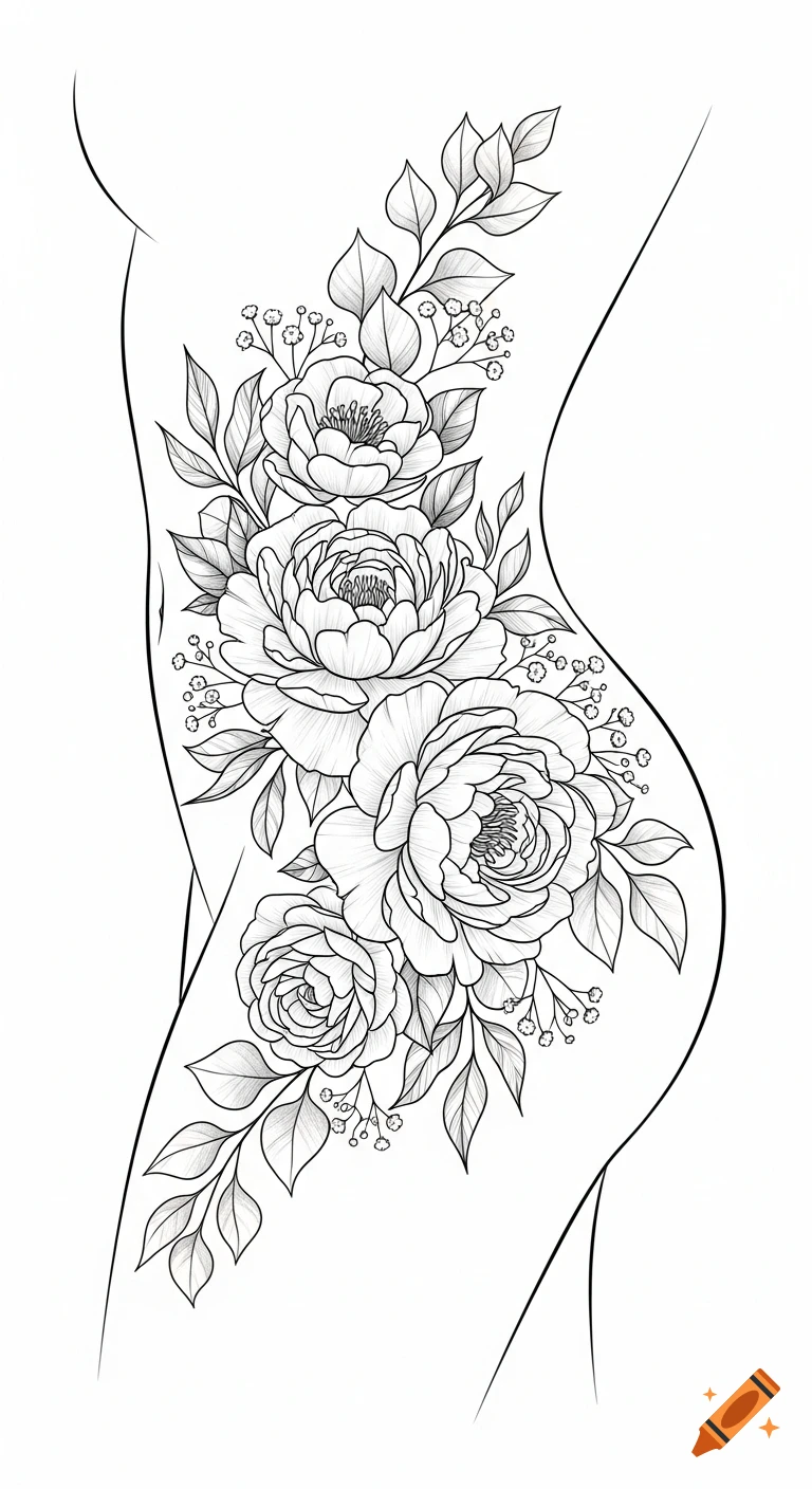 Black and white fineline tattoo design of peonies, gypsophila, and eucalyptus leaves flowing in an S-shape along a female torso.