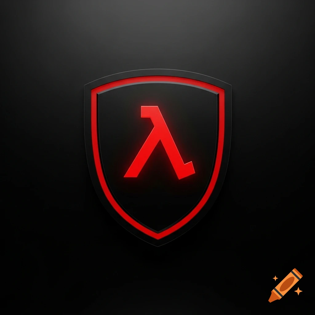 A glowing red lambda symbol centered on a dark shield with a red outline, set against a black background.
