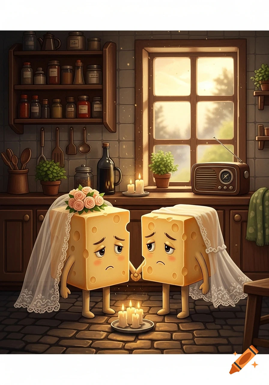 Two anthropomorphic cheese blocks, dressed in wedding attire with veils and a floral headpiece, hold hands and look sad in a kitchen setting with lit candles.