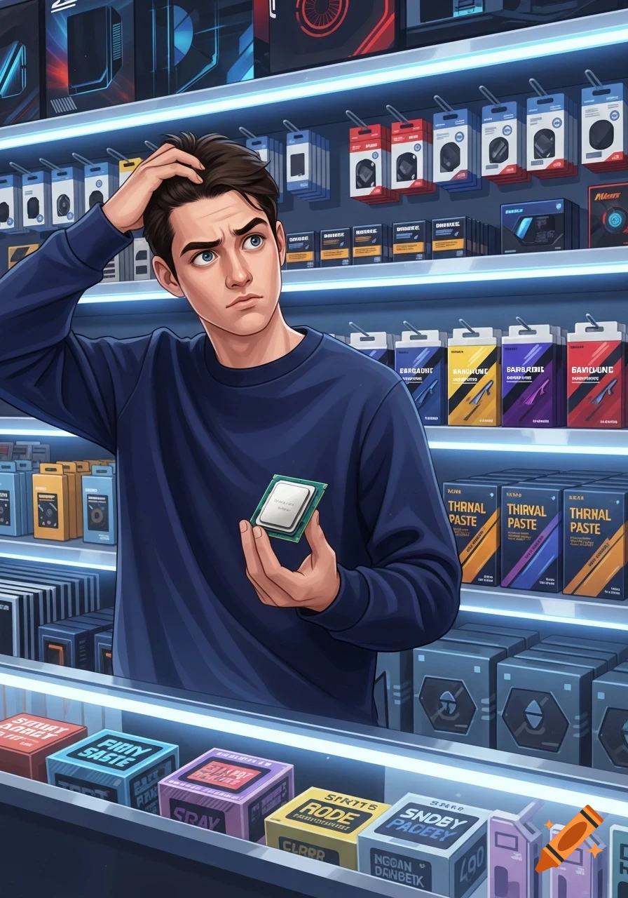 A confused man in a blue shirt holds a CPU in a brightly lit electronics store, scratching his head while looking at shelves of computer parts.