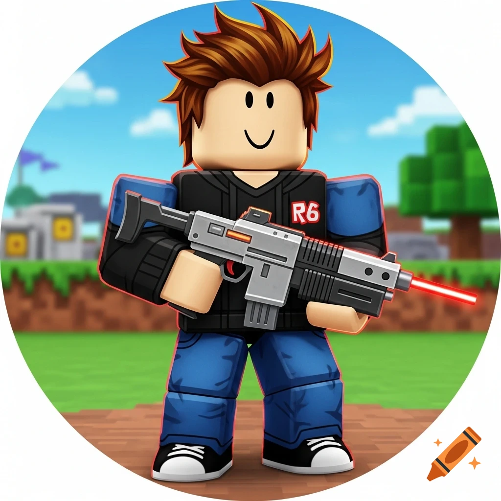 A stylized 3D Roblox R6 blocky character holds a gun with a laser pointer in a confident pose against a pixelated outdoor background.