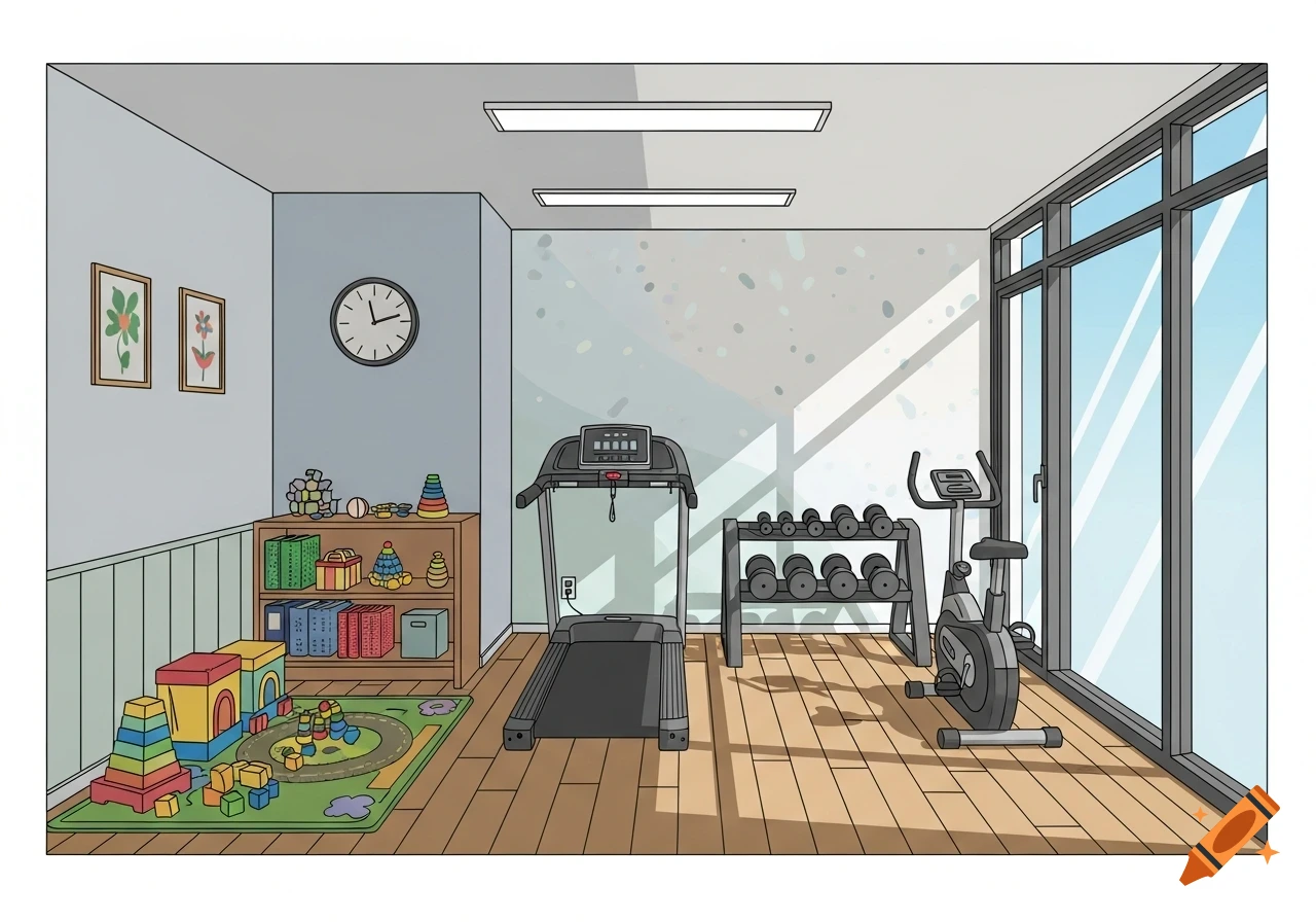 A 2D cartoon drawing of a bright gym with a play area, featuring a treadmill, weights, exercise bike, and colorful children's toys.