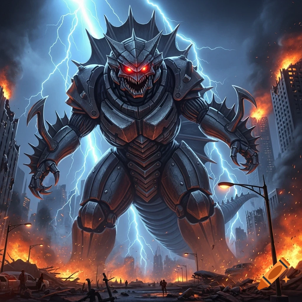 A giant, spiky armored monster with glowing red eyes stands in a destroyed city engulfed in fire and lightning.