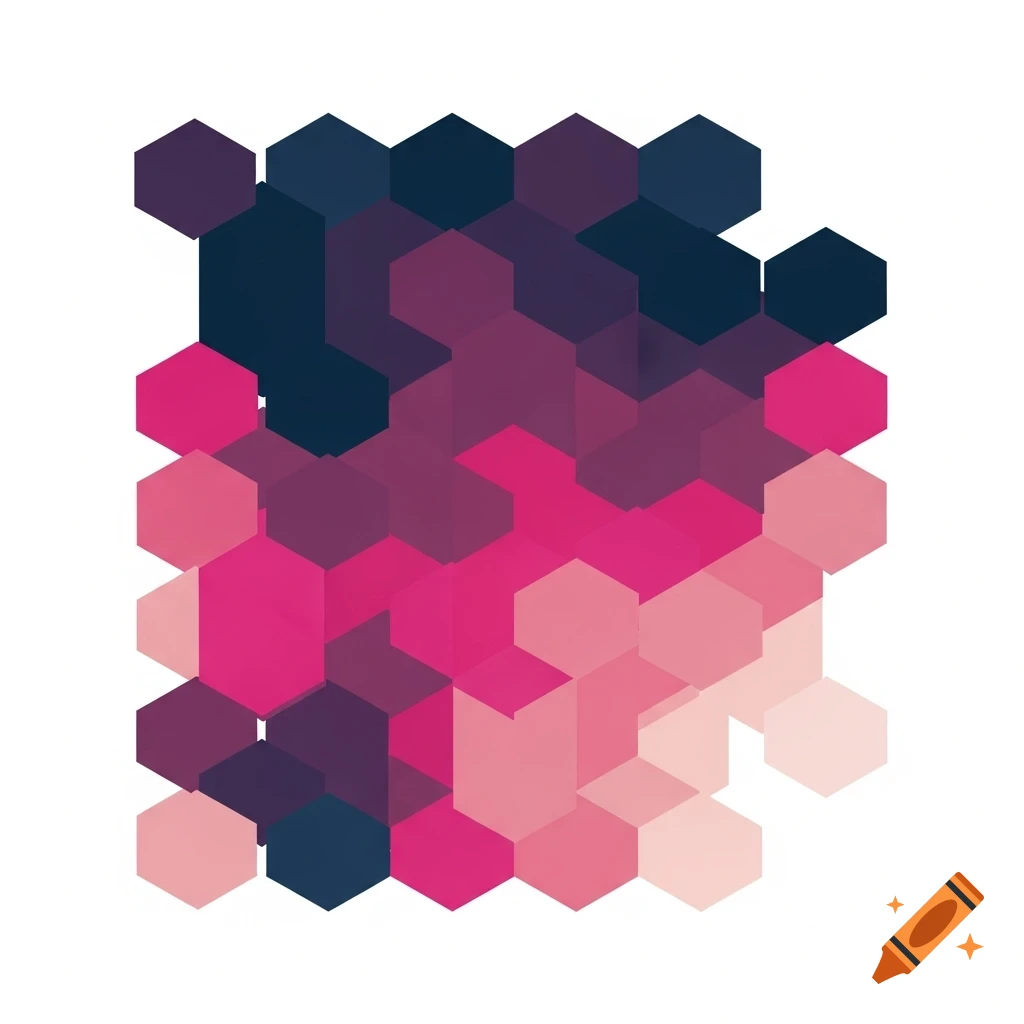 A 2D abstract geometric pattern of hexagons in shades of navy, plum, fuchsia, rose, and pale pink.