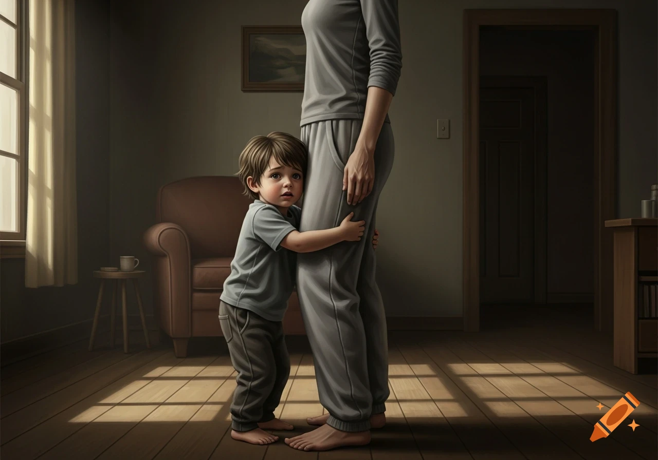A distressed child hugs the leg of an adult, who stands unfazed in a dimly lit room, photorealistic style.