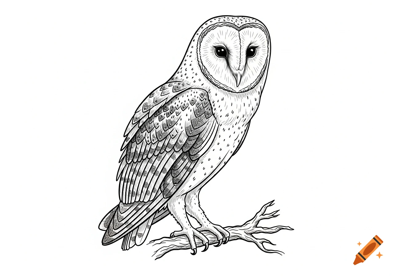 A detailed, hand-drawn black and white illustration of a barn owl perching on a bare branch.