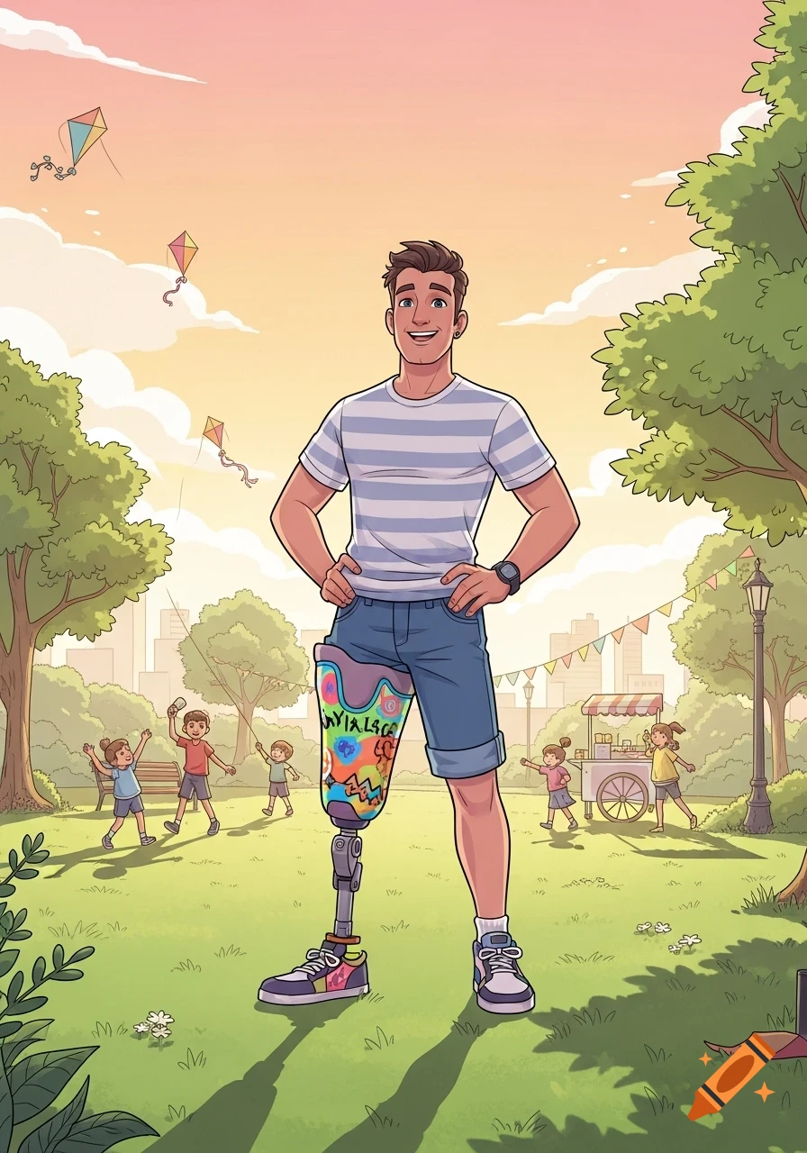 A cartoon man with a colorful prosthetic leg stands in a park, smiling. Children play, and kites fly under a pastel sky.