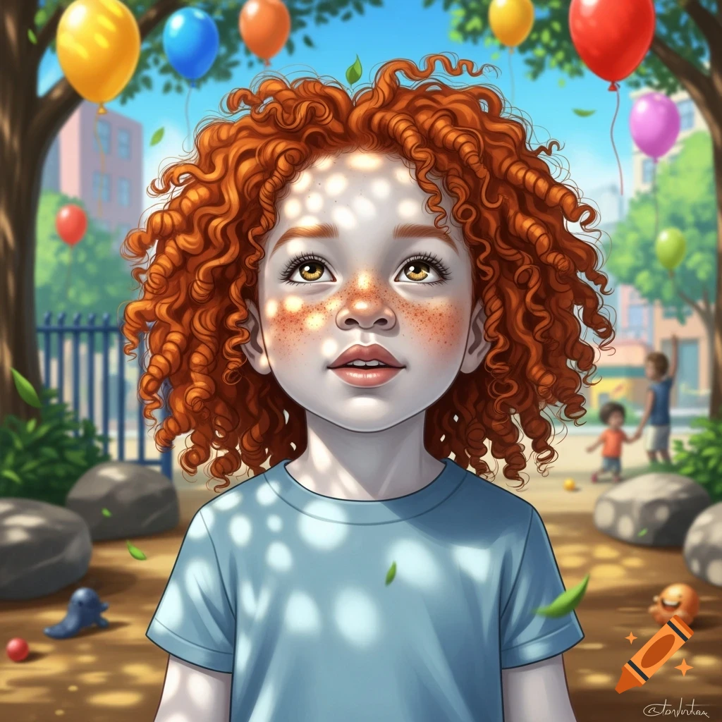 A stylized illustration of a child with curly red hair and freckles looking up in a sunny park with colorful balloons.