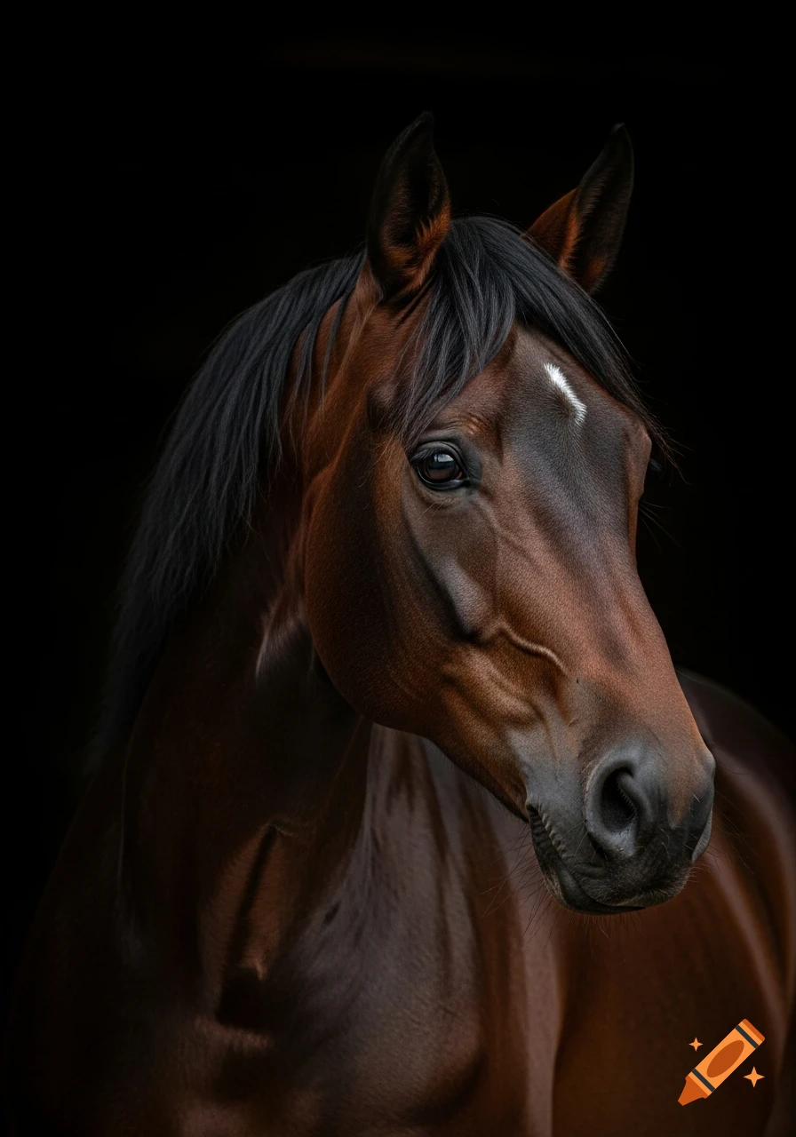 A close-up photorealistic portrait of a brown horse with a black mane, facing right against a dark background.