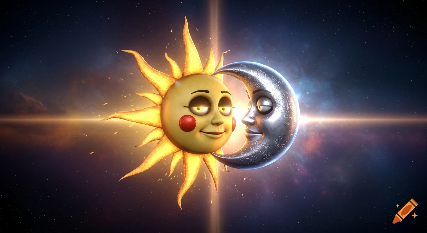 A vibrant, stylized 3D render of a smiling sun character with glowing eyes next to a silver moon character with ornate patterns, set against a starry cosmic background.