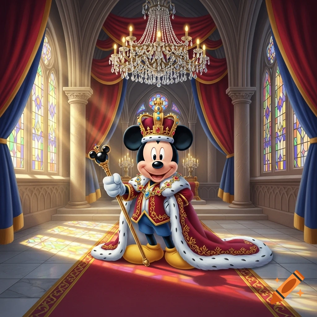 Mickey Mouse as a king wearing a crown and royal robes, holding a scepter in a grand, ornate hall.