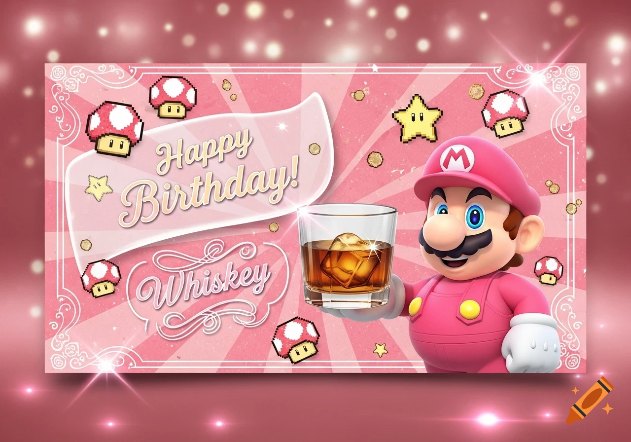 Pink-themed birthday card featuring a smiling Super Mario in a pink outfit holding a glass of whiskey, surrounded by pixel art mushrooms and stars. Text reads "Happy Birthday! Whiskey".