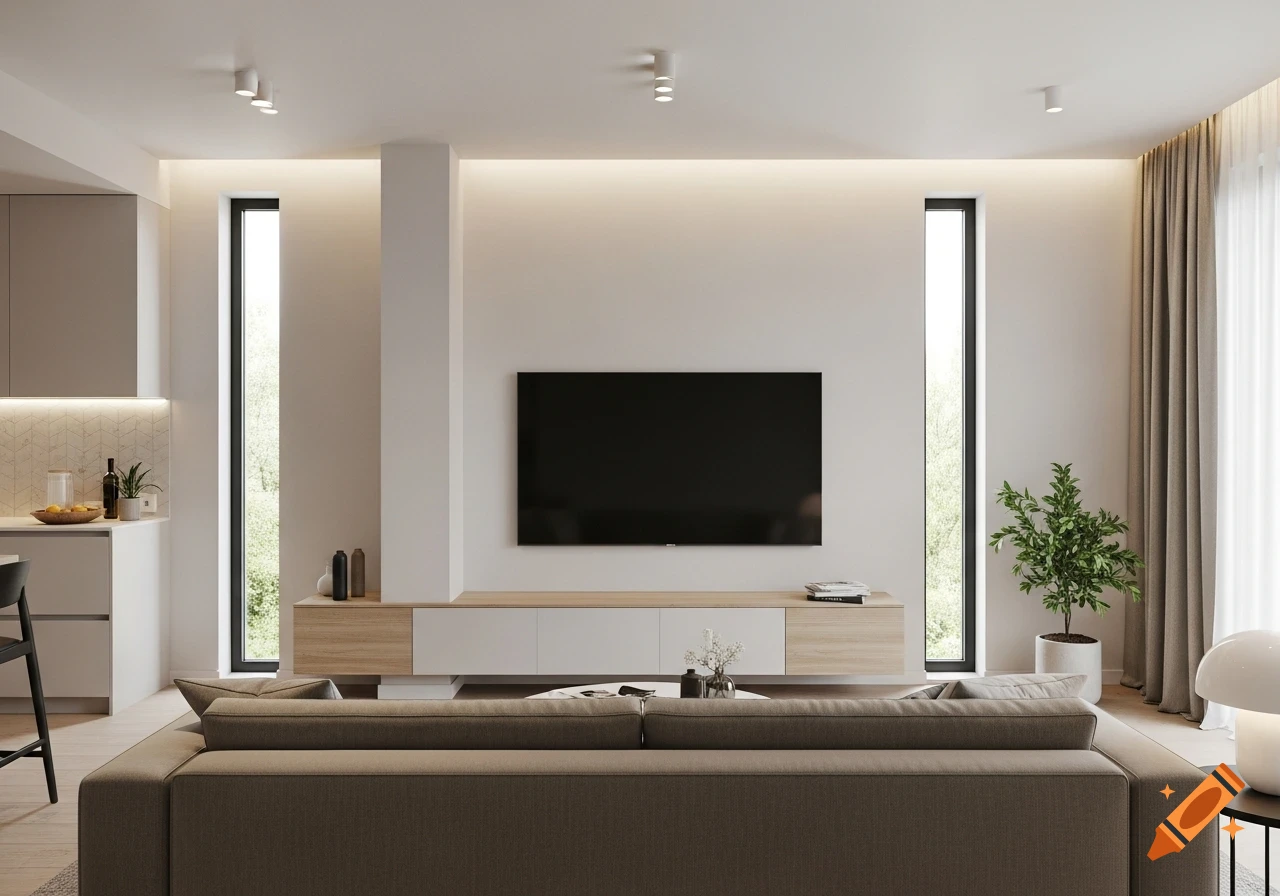 Modern minimalist living room featuring a neutral sofa, wall-mounted TV, light wood media console, tall windows, and an open kitchen.