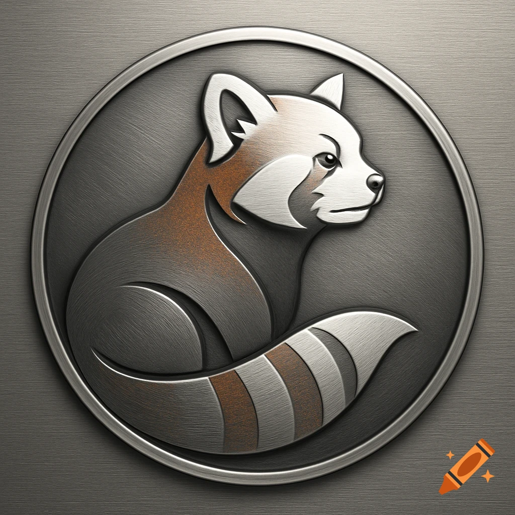 A stylized metallic red panda icon in a circular frame set against a brushed metal background.