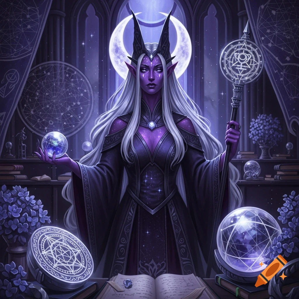 A majestic fantasy woman with purple skin, white hair, horns, and pointed ears holds a crystal ball and staff, surrounded by arcane symbols and a prominent moon, in an academic setting.