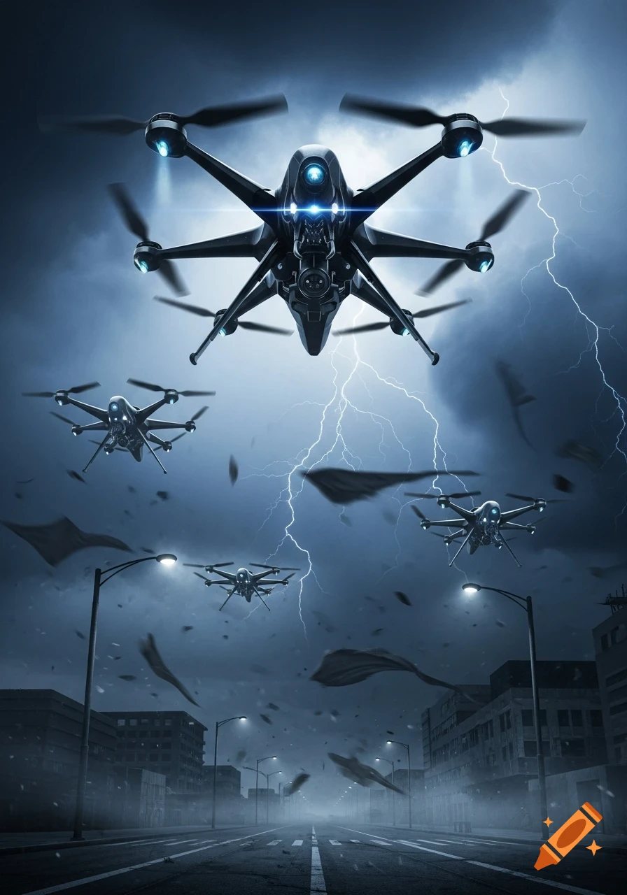 Several dark, futuristic drones fly above a stormy city street with lightning and debris in the air.