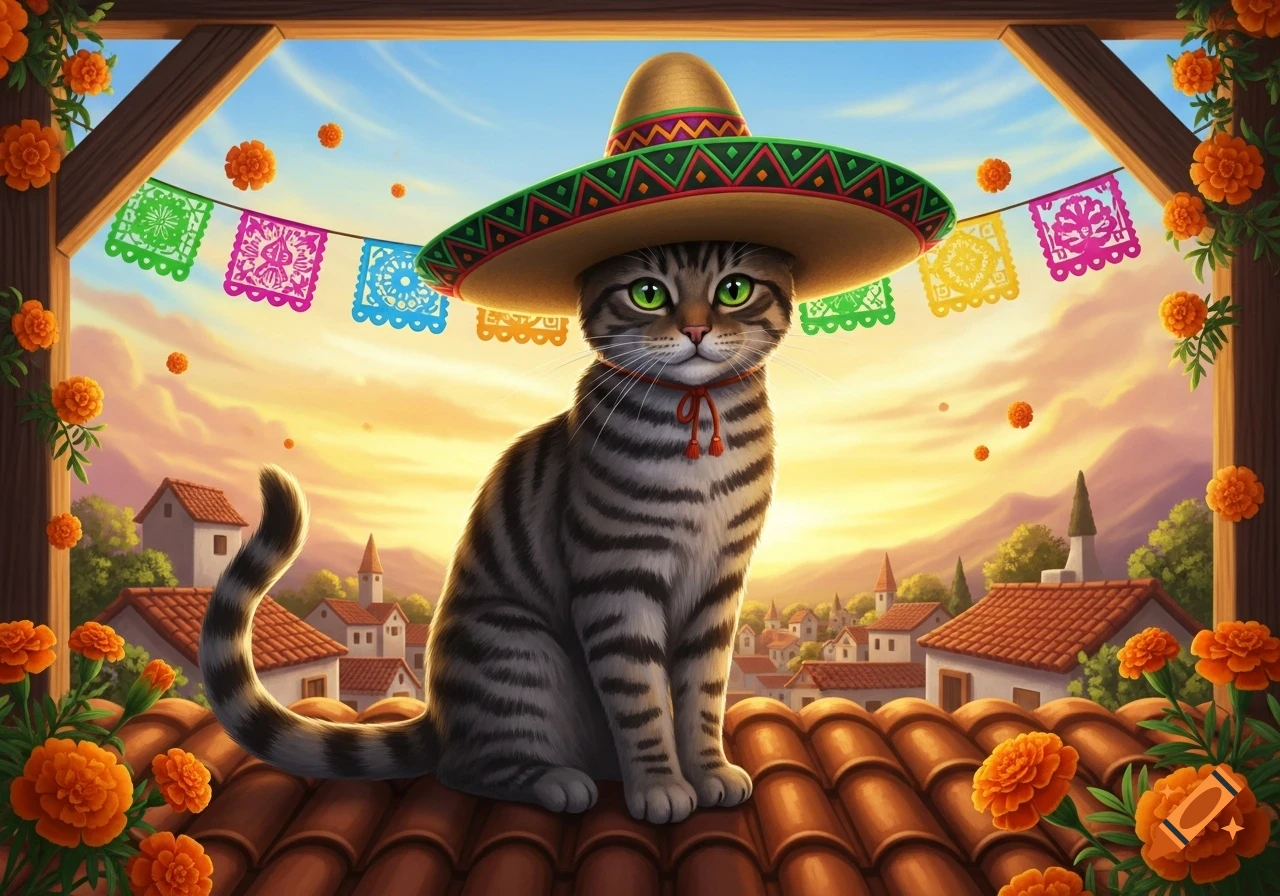 A tabby cat wearing a large sombrero sits on a terracotta roof, overlooking a village at sunset, surrounded by orange flowers and colorful banners.