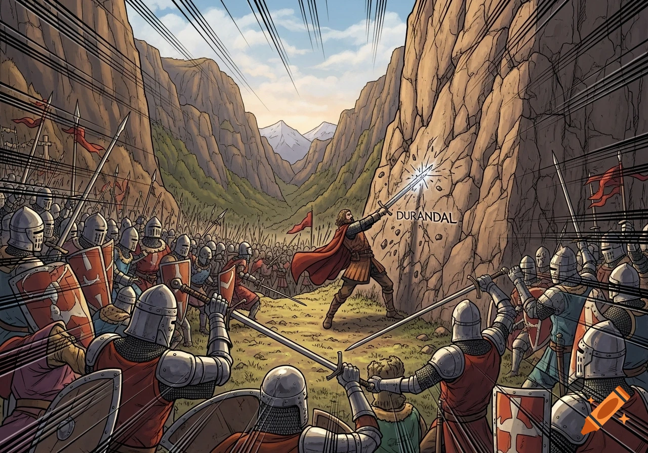 Roland tries to break his sword Durandal against a mountain wall, surrounded by knights in a medieval battle, manhwa style.