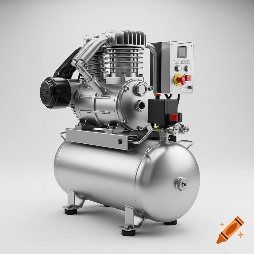 A photorealistic silver air compressor with a cylindrical tank, various pipes, and a control panel, on a white background.