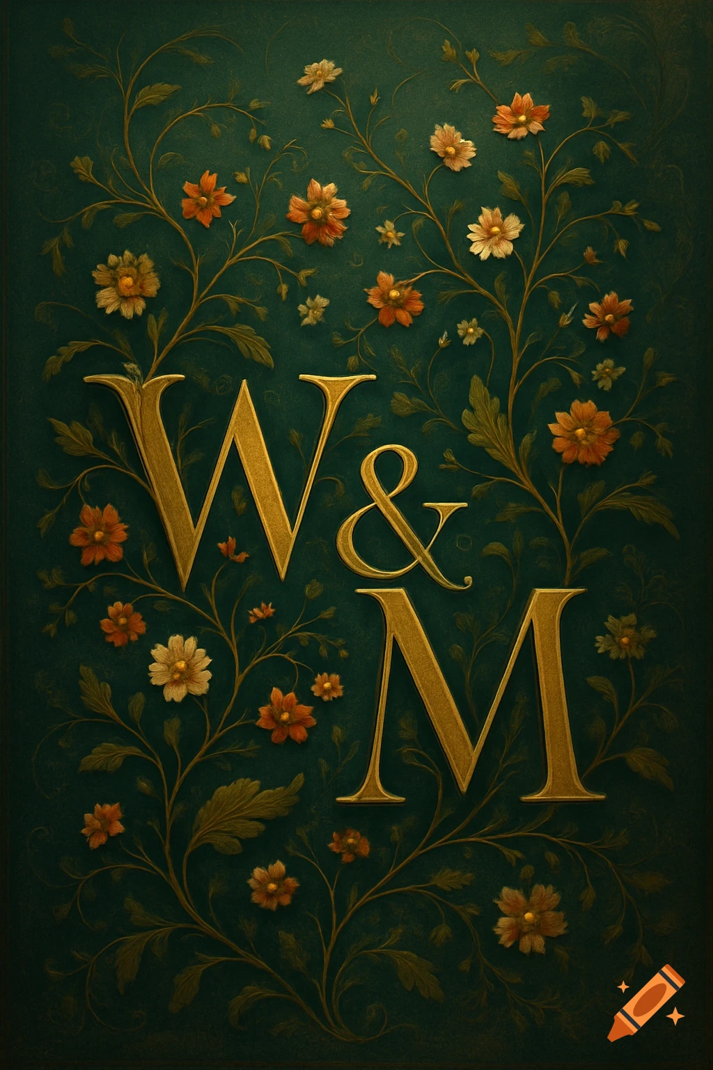 Elegant gold capital letters 'W & M' on a dark green background with intricate floral patterns.