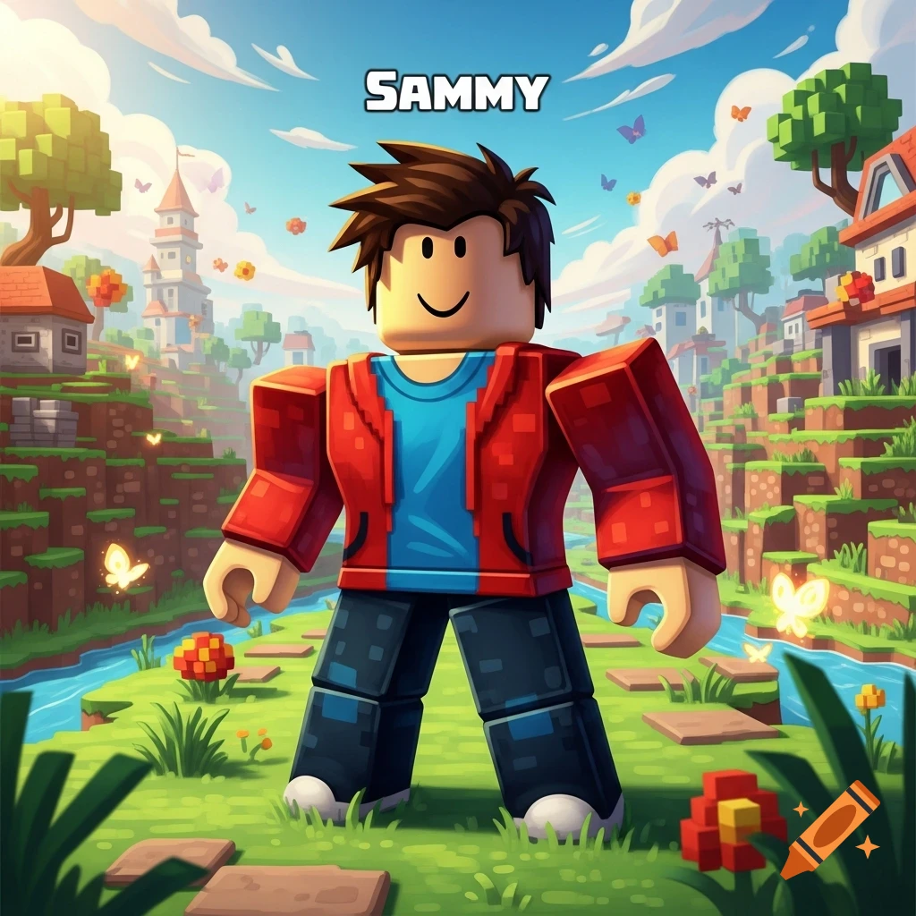 A blocky Roblox-style character named "SAMMY" with spiky brown hair, a red jacket, and blue shirt, stands in a pixelated Minecraft-like landscape under a blue sky.
