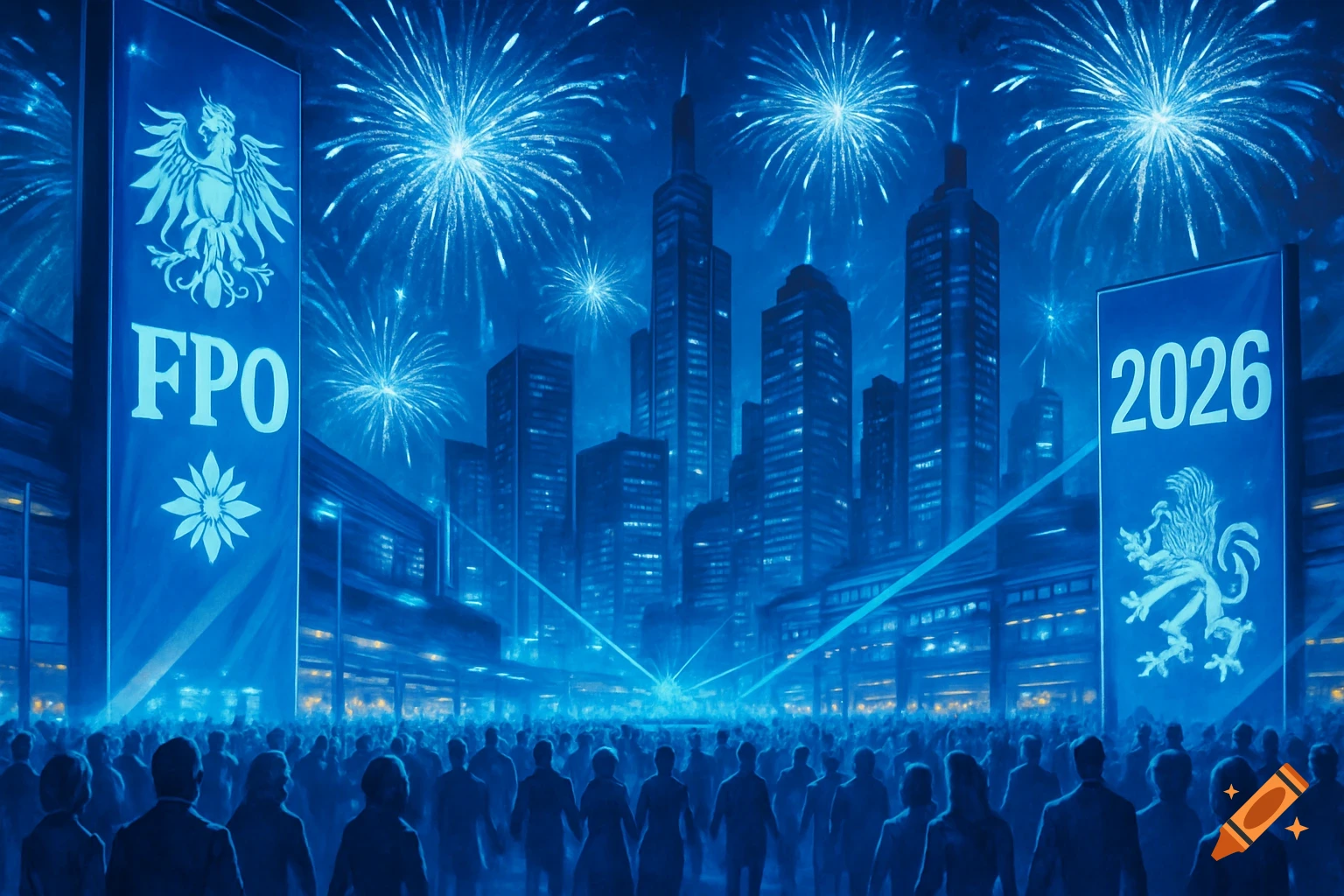 A stylized night scene of a large crowd watching fireworks over a city skyline, illuminated in blue. Two large banners stand on either side, one reading "FPO" with an eagle and flower logo, and the other "2026" with a lion-like crest.