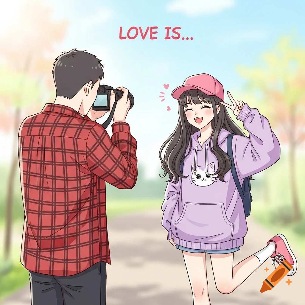 Cartoon couple outdoors; a man in a plaid shirt photographs a woman in a pink cap and purple cat hoodie, posing with a peace sign. Text: LOVE IS...