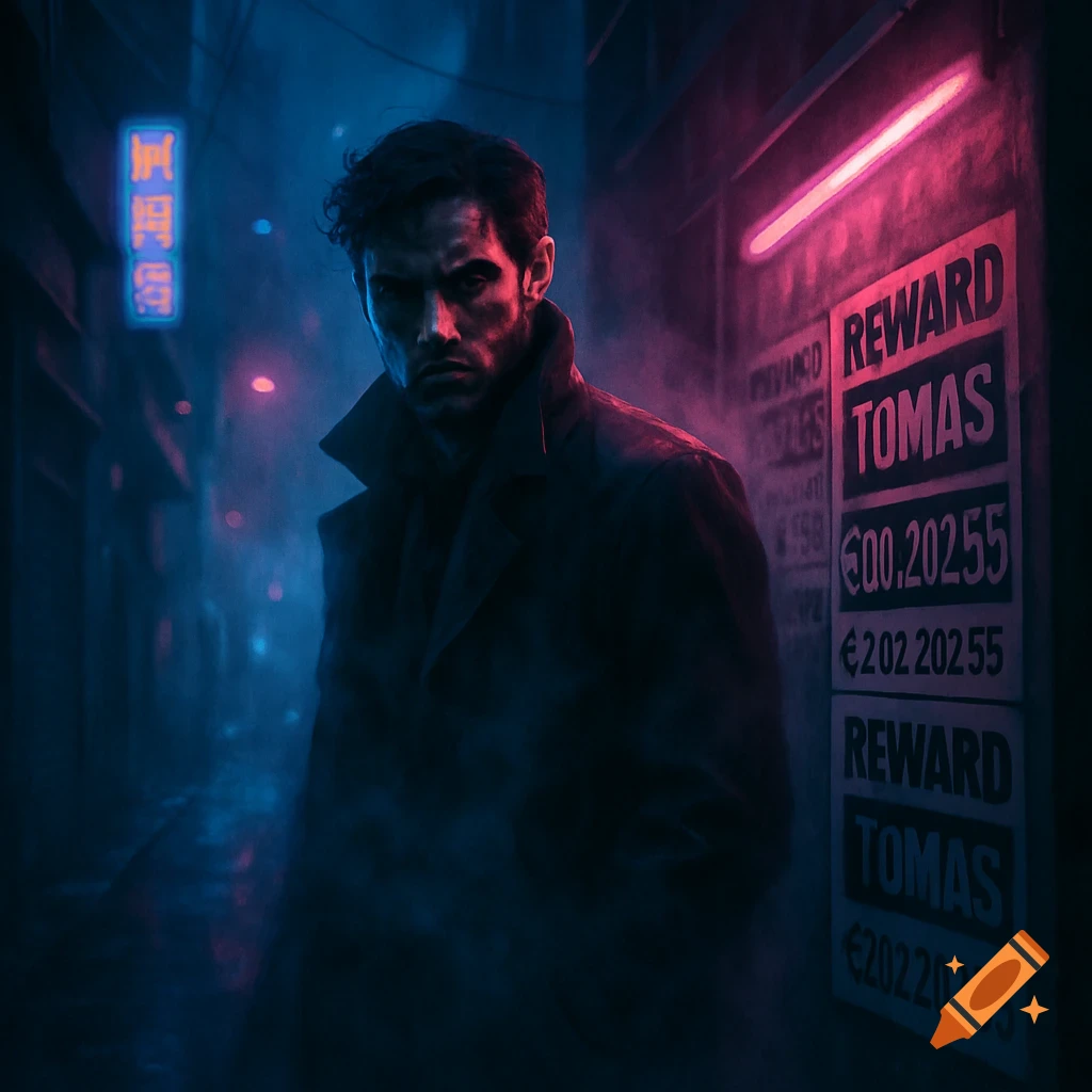 A man in a trench coat in a dark, foggy, neon-lit alleyway. Blue and pink neon signs illuminate the scene, with 'REWARD TOMAS' posters on a wall.