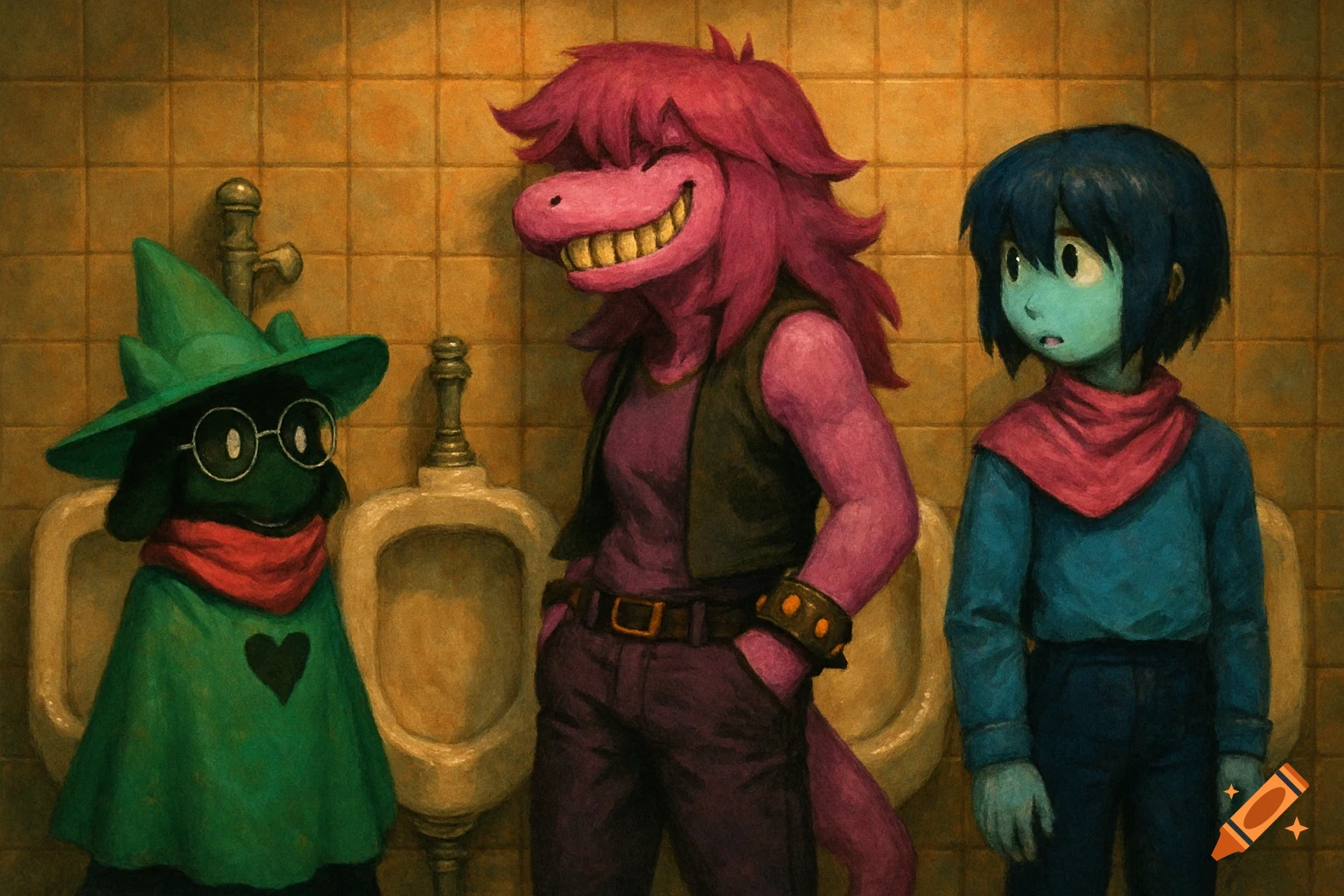 Ralsei, Susie, and Kris from Deltarune stand at urinals in a painted style; Kris looks confused at Susie.
