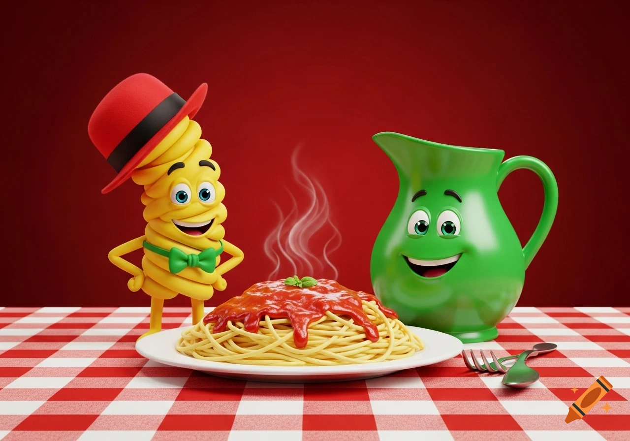 A cartoon noodle character with a red hat and green bowtie stands by spaghetti with sauce and a smiling green pitcher on a checkered tablecloth.