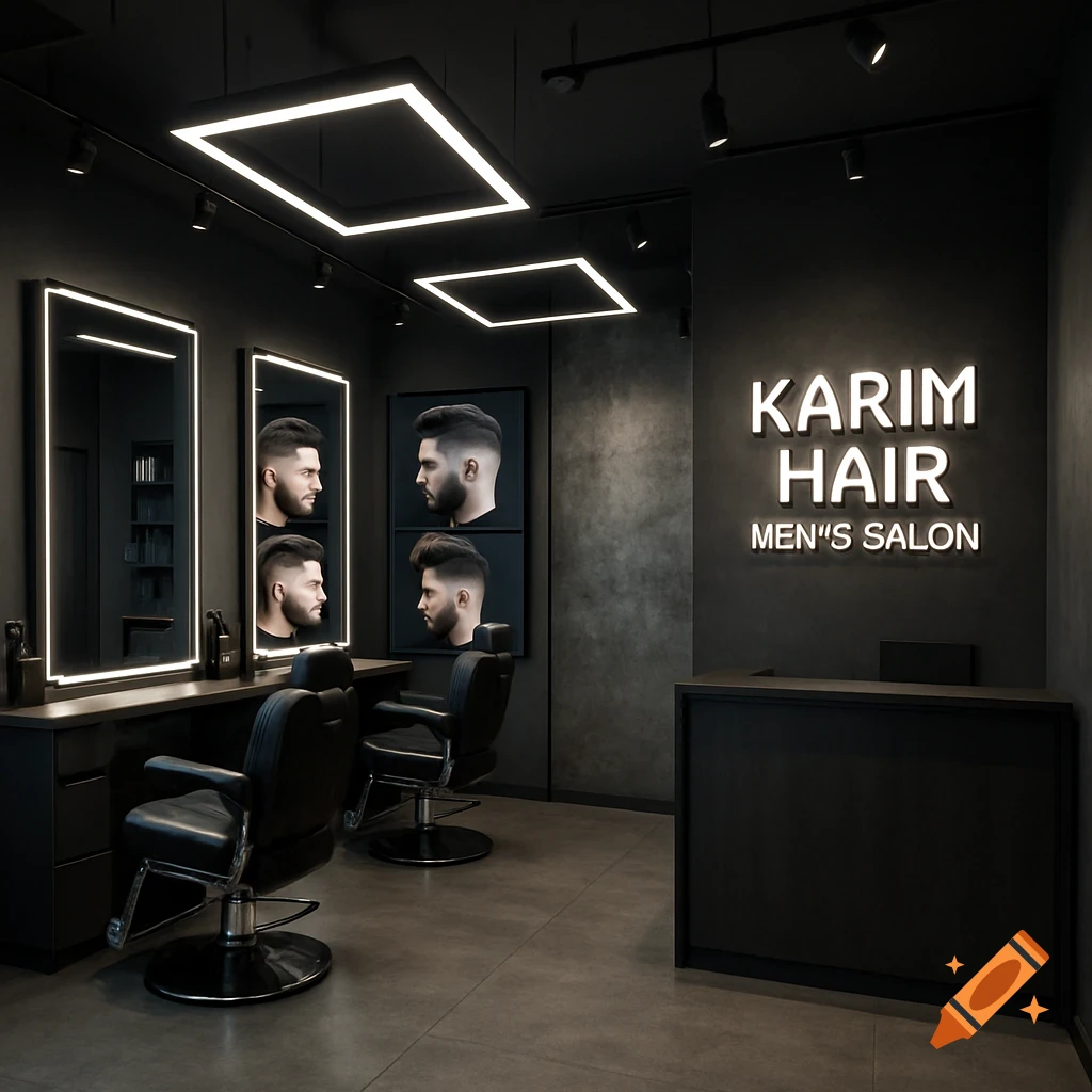 Modern dark-themed men's barbershop interior with LED lighting, styling chairs, mirrors, and a reception desk.