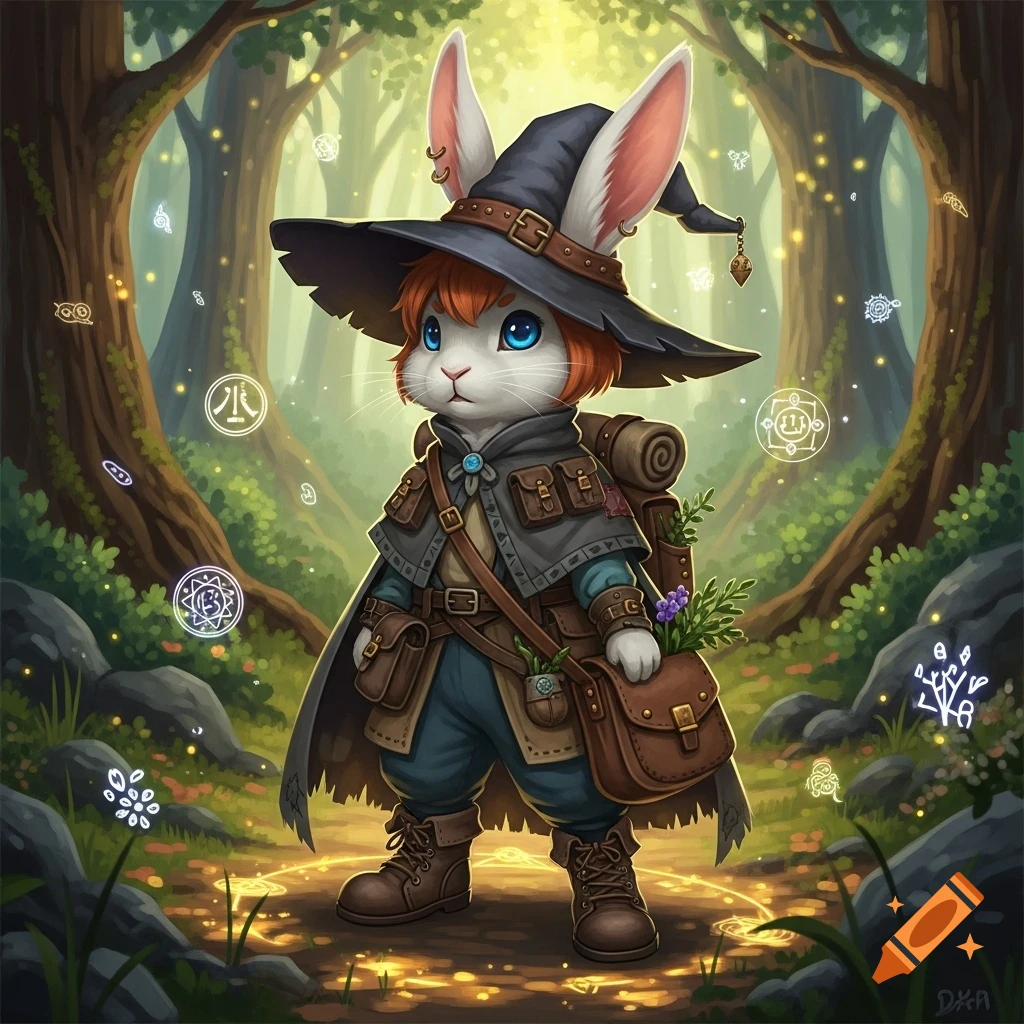 A white anthropomorphic rabbit witch with blue eyes and short ginger ...