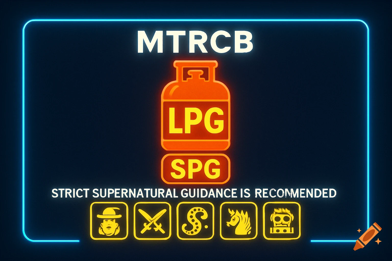A stylized neon rating screen with 'MTRCB', 'LPG', 'SPG', 'STRICT SUPERNATURAL GUIDANCE IS RECOMMENDED', and five yellow icons: a cowboy, crossed swords, a sea monster, a unicorn, and a skull.