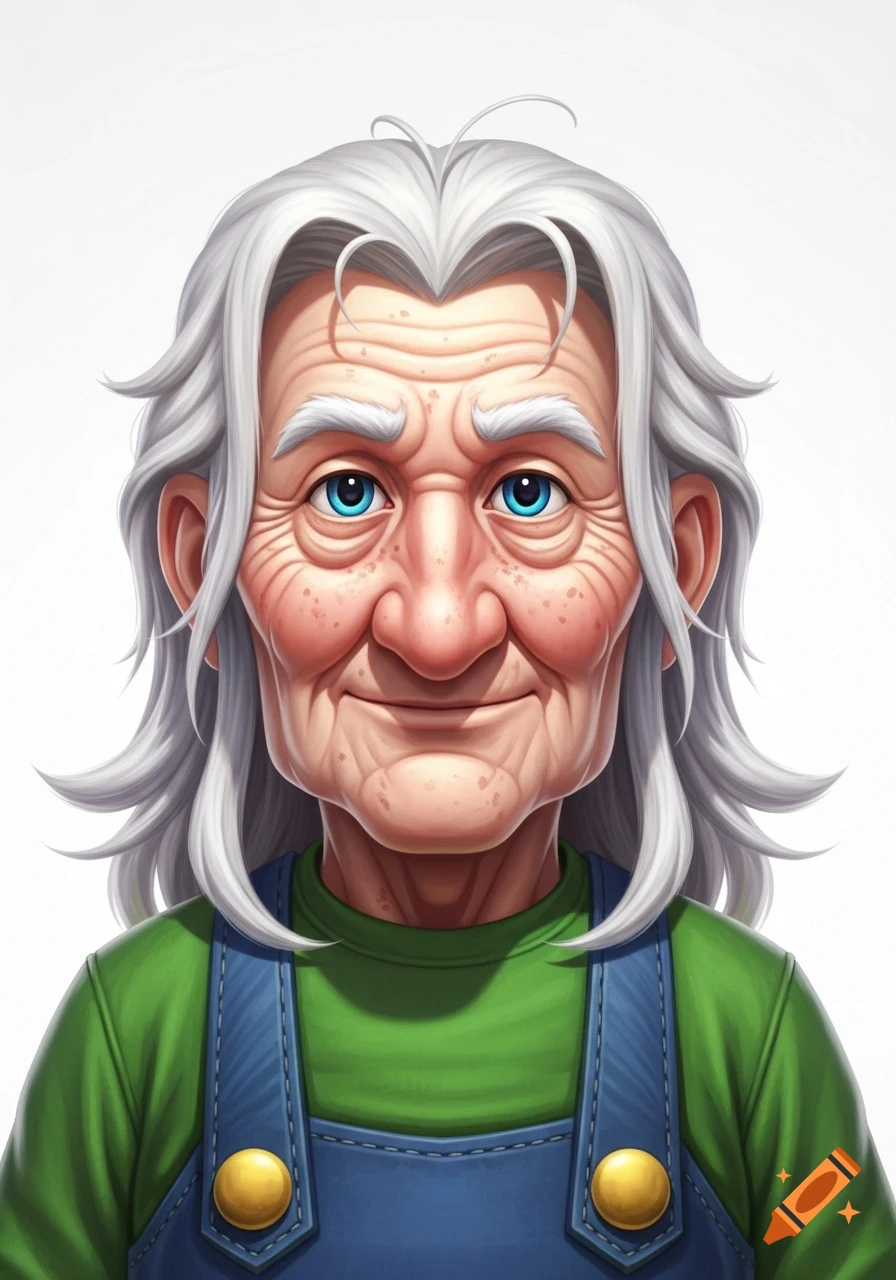 A stylized cartoon portrait of an elderly Luigi with white hair, bright blue eyes, a friendly smile, wearing a green shirt and blue overalls.