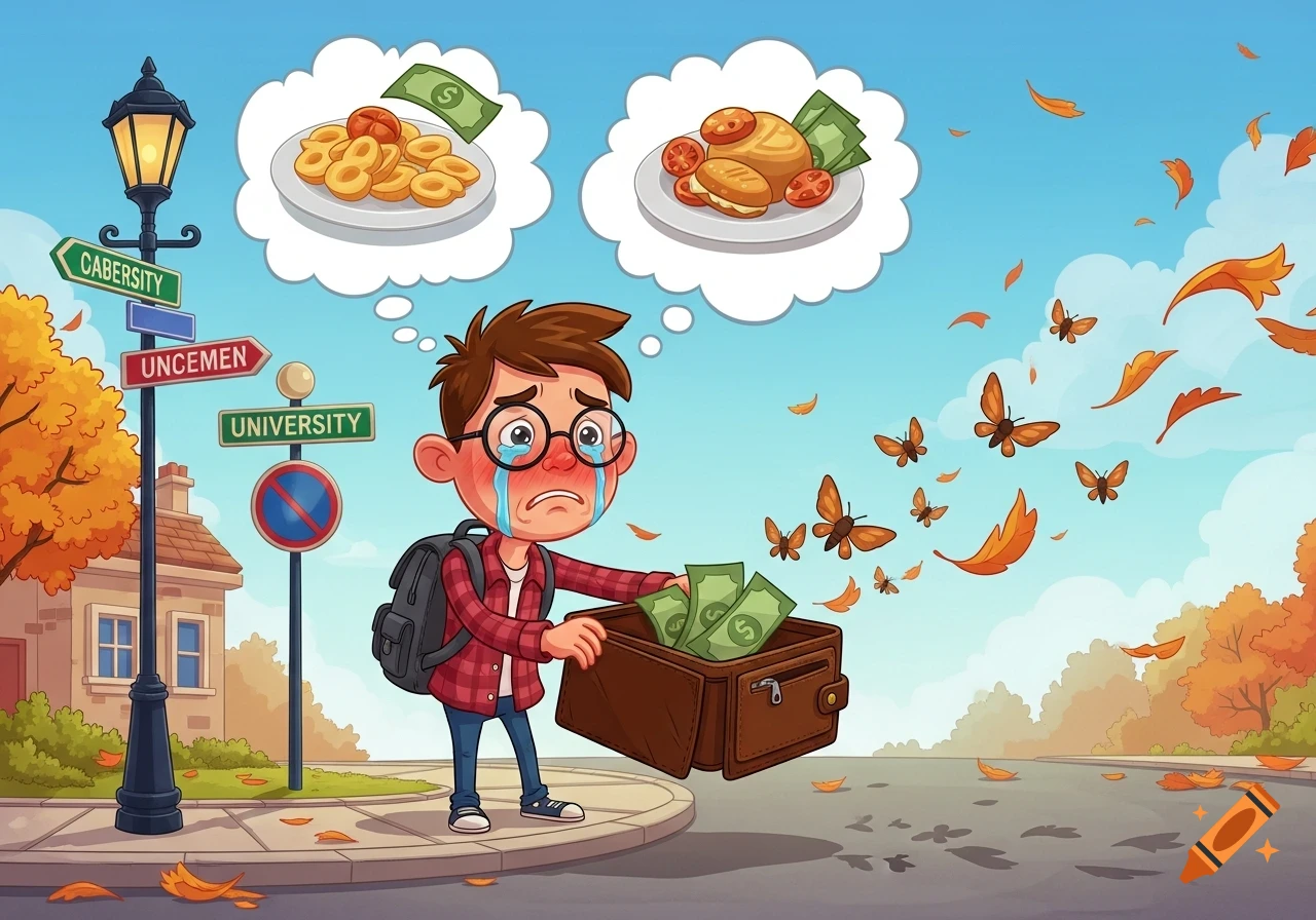 A crying cartoon student on a street corner holds an empty wallet as money flies away like butterflies and autumn leaves.