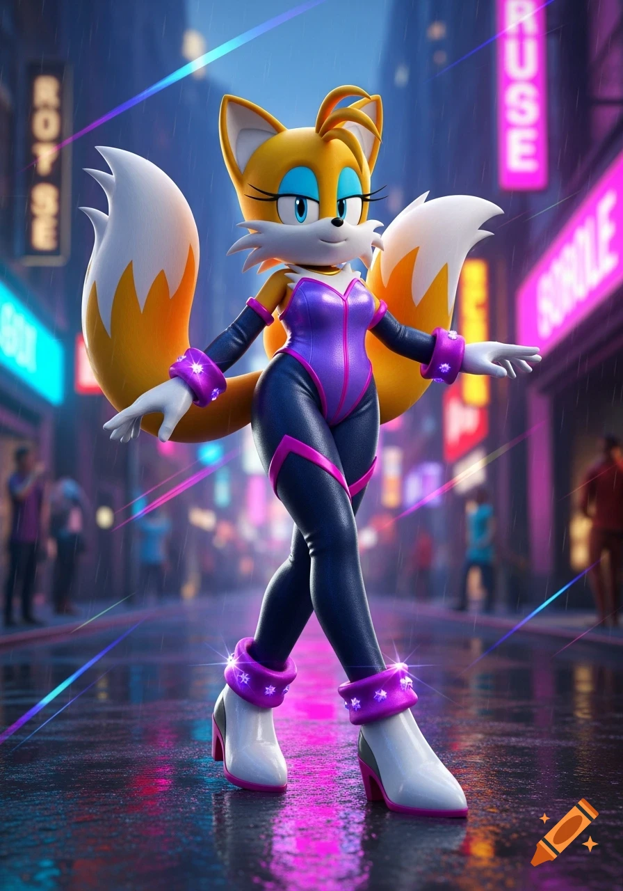 A stylized female fox character, resembling Tails from Sonic, wearing a purple and black bodysuit, walking on a wet, neon-lit city street at night.