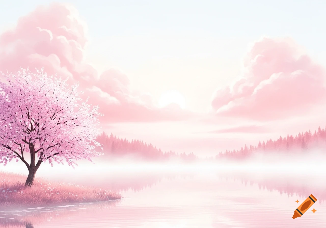 Pink cherry blossom tree by a misty lake under a soft pink and white sky, aesthetic landscape.